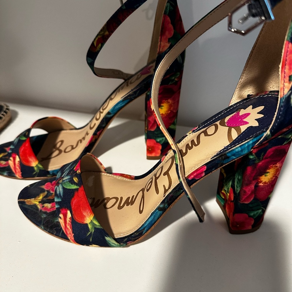 Sam Edelman Navy Floral Block Heel Sandals with Multicolor Bloom